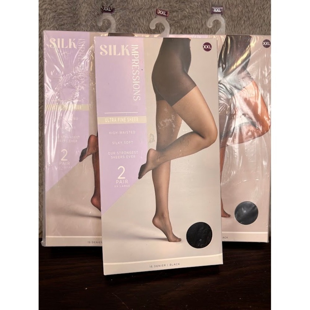 Silk Impressions 3pk 2pr Ultra Fine Sheer Pantyhose XXL Black High Waist Tights